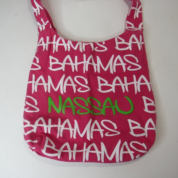 Nassau Bahamas Bohemian Crossbody Sling Tote Bag Pink/White/Green - Picture 2 of 7